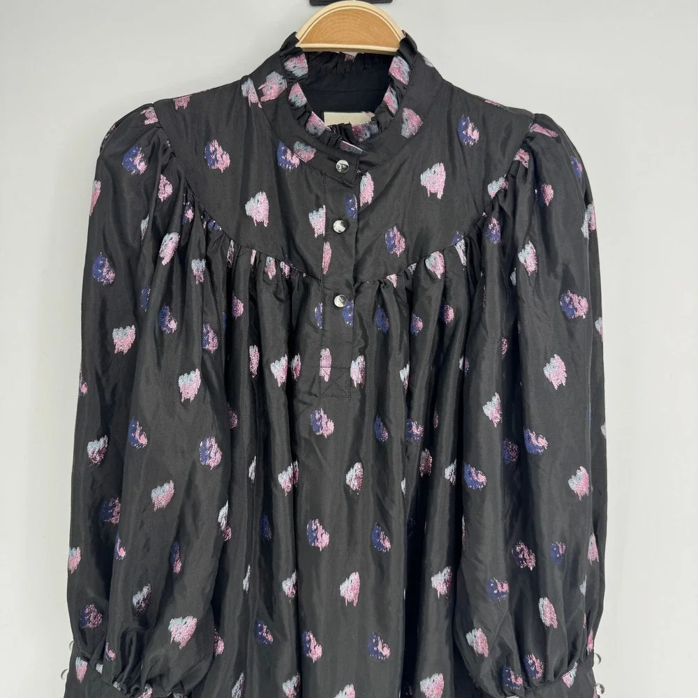 Tuckernuck Corrigan Blouse XXXL Black Pink Blurred Dot Fil Coupe Puff Sleeve